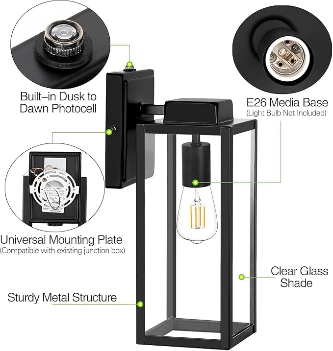 hykolity Large Outdoor Wall Light, 16 Inch Lantern, Dusk to Dawn Exterior Waterproof Sconce, Anti-Rust Mounted | Lumora