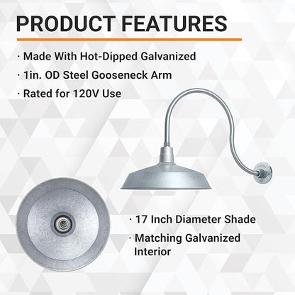 17in. Galvanized Finish Outdoor Gooseneck Barn Light Fixture with 24in. Long Extension Arm - Wall Sconce Farmhouse, Vintage, Antique Style - UL Listed - 9W 900lm A19 LED Bulb (5000K Cool White)