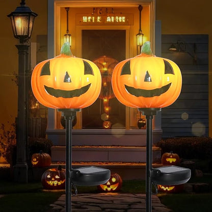 Bshine Solar Garden Lights Pumpkin Halloween Decorations, Outdoor Hand Blown Glass Pumpkin Metal Stakes Waterproof Garden Decor Patio Path Decorative Lights for Halloween Party, Fall Festivals, 2 Pack