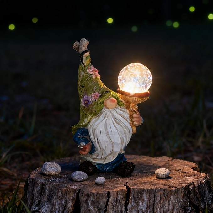 Garden Gnome Solar Light Statue - Outdoor Decorative Figurine with Crackle Glass Globe, Blue & White Floral Design | Lumora