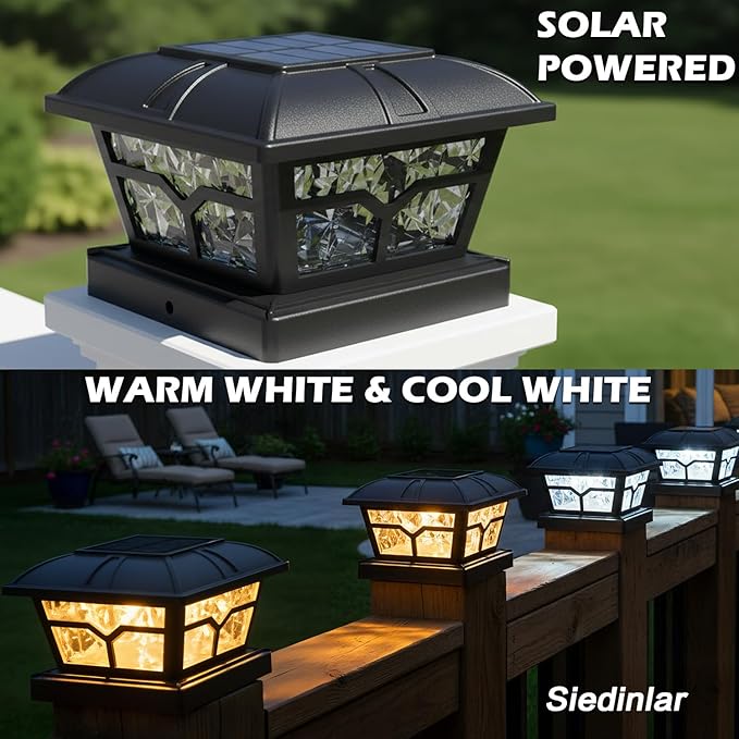 SIEDiNLAR Solar Post Cap Lights Outdoor 2 Color Modes 8 LEDs for 4x4 5x5 6x6 Posts Fence Patio Deck Decoration Warm | Lumora