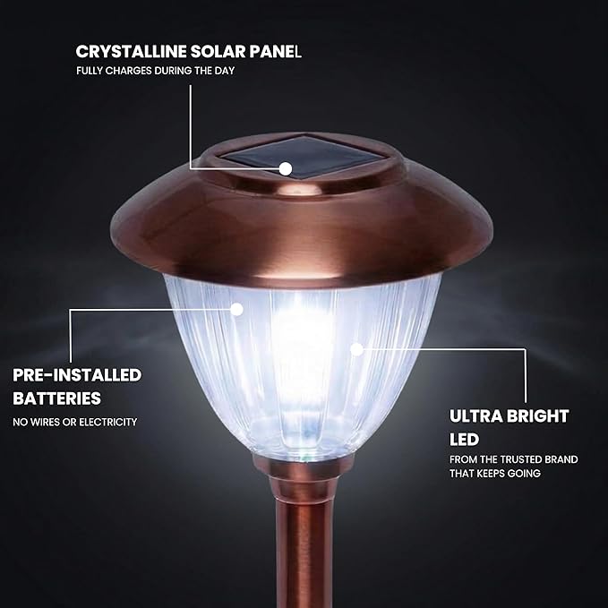 Energizer Driveway Solar Lights - 8 Pack 15 Lumen Outdoor Lights Solar Powered & Waterproof with Patterned Glass & Metal Finish, Easy to Install Weather Resistant Pathway Lights for Decor - Copper