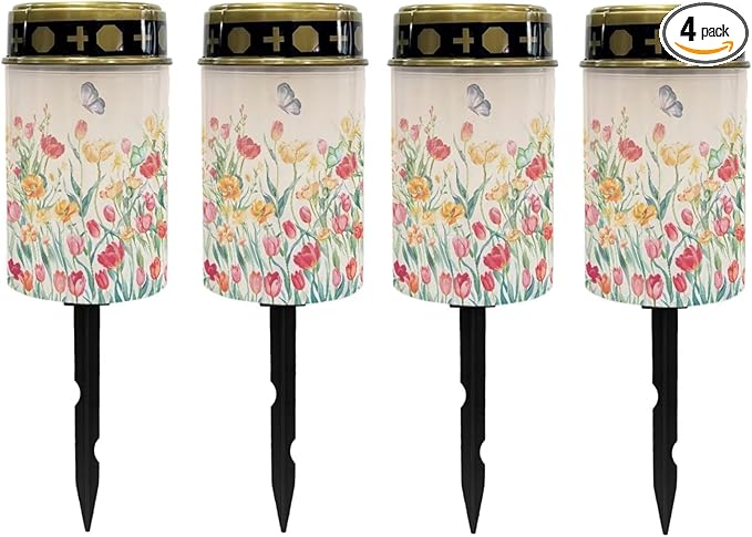 Poceacles Solar Lights Outdoor Grave Solar Lights for Cemetery Decoration Solar Outdoor Lights Cemetery Solar Lamp for Garden Lawn Backyard Pathway Decor, Butterfly Colorful Tulip Flower, Pack of 4
