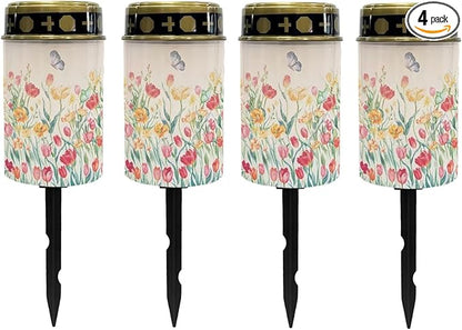 Poceacles Solar Lights Outdoor Grave Solar Lights for Cemetery Decoration Solar Outdoor Lights Cemetery Solar Lamp for Garden Lawn Backyard Pathway Decor, Butterfly Colorful Tulip Flower, Pack of 4