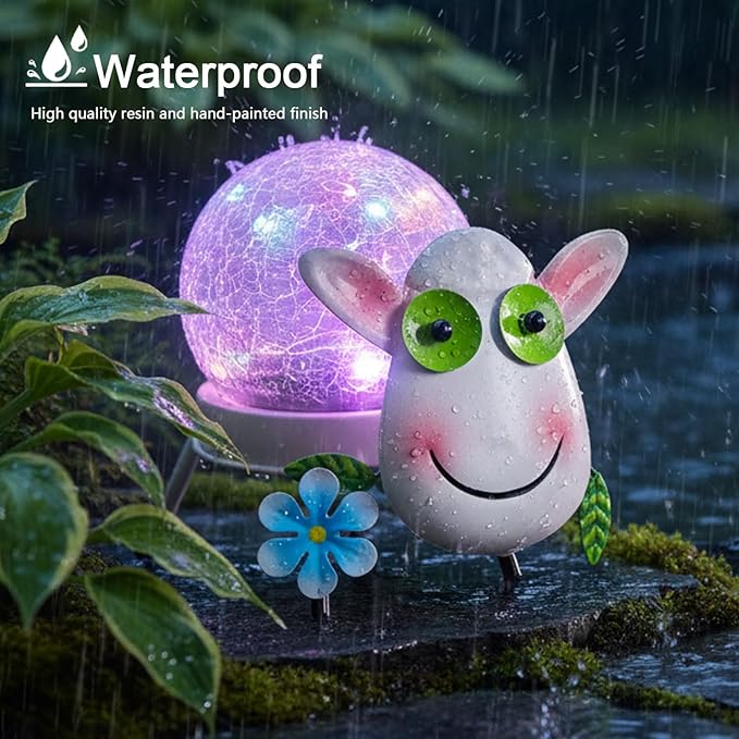 Solar Lights Outdoor Sheep Decor with Crackle Glass Globe Lights - Cute Metal Sheep Decor for Yard Lawn Patio Porch Pathway Tabletop, Housewarming Gifts for Mom Women