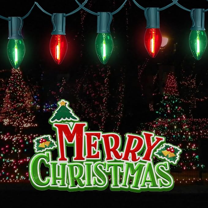 25FT C7 Christmas Lights Outdoor, Red Green Classic 2-Color LED String Lights for Roof, Fence, Tree, Traditional | Lumora