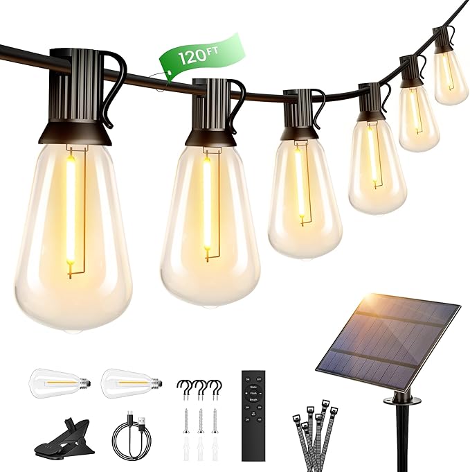 OHLUX 120FT Solar String Lights Outdoor with Remote, 2200K Soft Warm Patio Lights with 52 Shatterproof ST38 Tear-Drop LED Filament Bulbs, Dimmable Outside Edison Hanging Light for Backyard Deck Roof