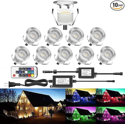 Pack of 10 LED Deck Light Kit 0.1W-0.3W Low Voltage Multi-Color RGB Outdoor Lighting 6Lm IP67 Waterproof Outdoor Step Stairs Garden Yard Patio Landscape Decor Lighting