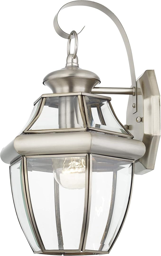 Livex Lighting 2151-91 Monterey 1 Light Outdoor Brushed Nickel Finish Solid Brass Wall Lantern with Clear Beveled | Lumora