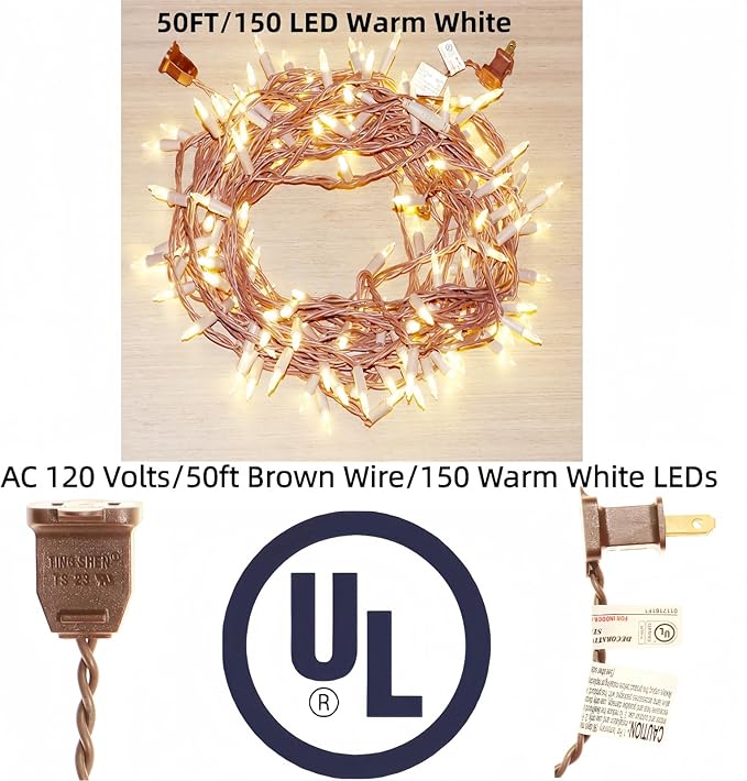 LUCKY SHINE 150 LED Warm White Christmas Lights, Commercial Grade Decorative Lighting String Brown Wire 50 FT, for Indoor Outdoor Party, Garden, Patio