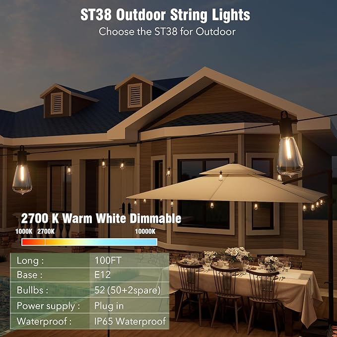 LED Outdoor String Lights 100FT, Waterproof Patio Lights with 52 (50+2 Spare ST38 Shatterproof Replaceable Bulbs), Connectable Dimmable Outside Hanging Light for Porch Garden Deck Bistro Backyard