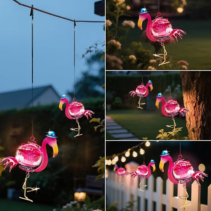Solar Hanging Flamingo Lights LED Waterproof Powered Outdoor Garden Decor Light Unique Decorations for Sister Birthday Gardening Gifts for Mom Women Backyard Front Porch Balcony Yard Path
