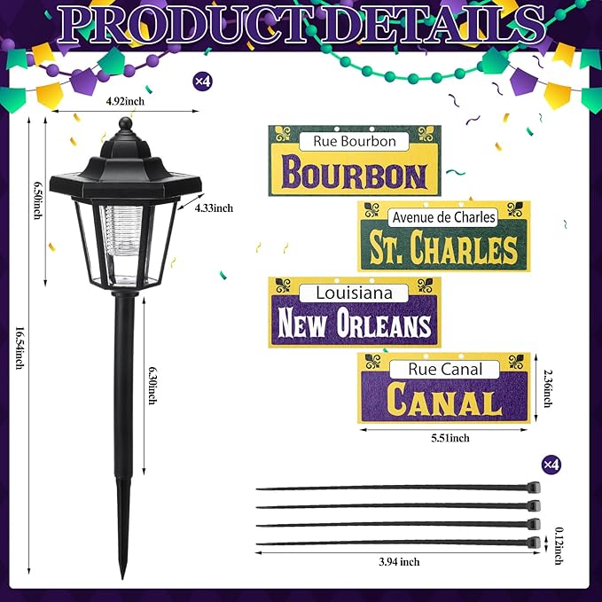 VIHOSE 4 Pcs Solar Mardi Gras Pathway Light Outdoor New Orleans Street Sign Waterproof Purple Solar Stake Light Mardi Gras Lamp Yard Sign for Garden Outside Porch Supplies New Orleans Decorations
