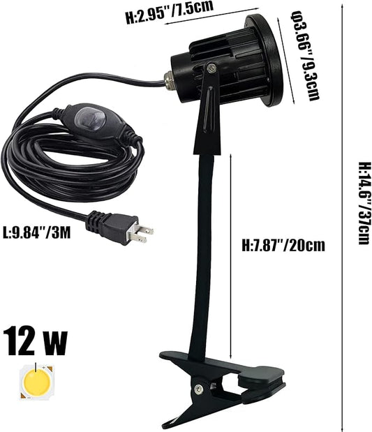 Kiven ‎Aluminum Clip On Light 12W LED Indoor/Outdoor Spotlight with Waterproof Switch Plug in Cord(9.8FT) Accent Lighting for Plants Advertising Board - 3000K Warm Light