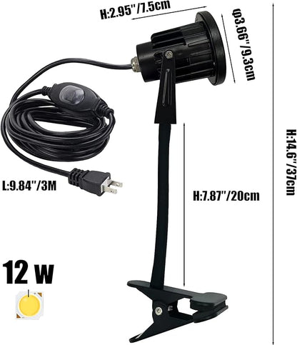 Kiven ‎Aluminum Clip On Light 12W LED Indoor/Outdoor Spotlight with Waterproof Switch Plug in Cord(9.8FT) Accent Lighting for Plants Advertising Board - 4000K Natural Light