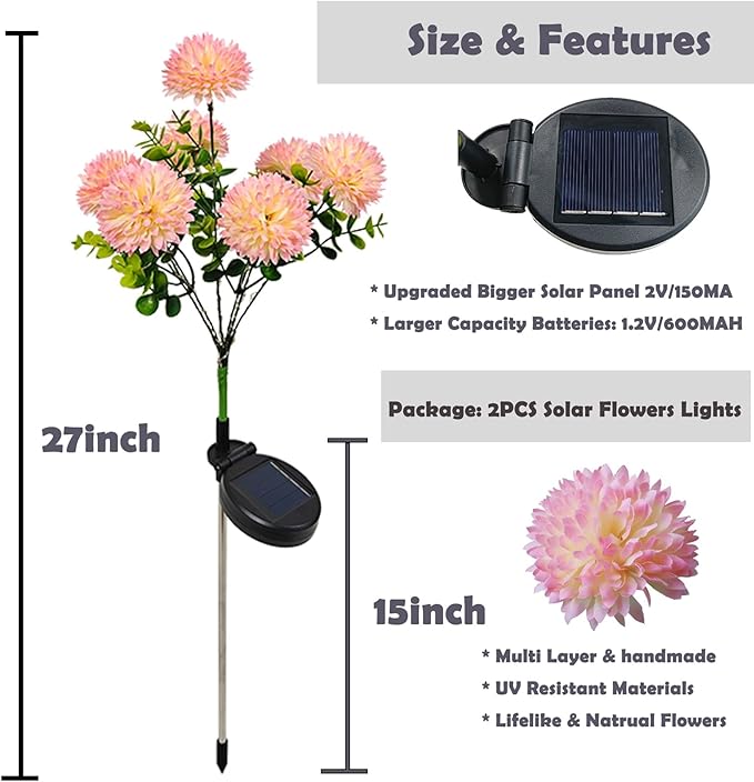 2 Pack Outdoor Solar Garden Lights Decor, Waterproof Solar Powered Flowers Lamp, Decorative 14PCS Artificial Dahlia with Warm White LEDs, 29.5 INCH Solar Lights for Pathway Fence Yard Patio Lawn Porch