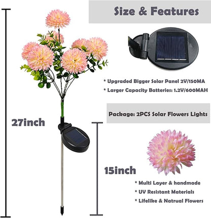 2 Pack Outdoor Solar Garden Lights Decor, Waterproof Solar Powered Flowers Lamp, Decorative 14PCS Artificial Dahlia with Warm White LEDs, 29.5 INCH Solar Lights for Pathway Fence Yard Patio Lawn Porch