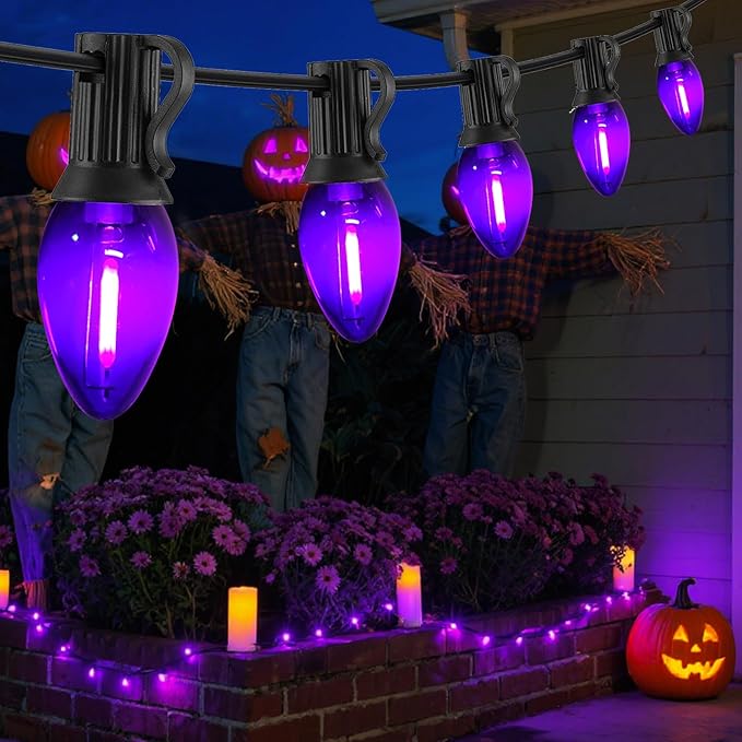 12FT Purple Halloween Lights Outdoor, C7 LED String Lights Plug in with Black Wire for Porch Railing, Walkway | Lumora
