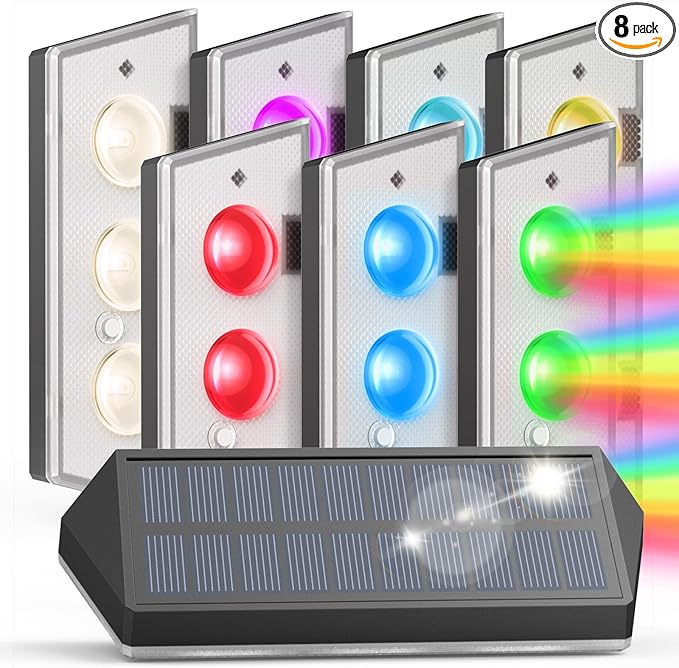 Solar Fence Lights Outdoor for Christmas Decorations, LED Deck Light Solar Powered for Outside Yard/Railing/Pathway/Patio/Step, IP65 Waterproof, 3 Lamp Beads, 8 RGB Colors, Auto ON/Off (8Pack)