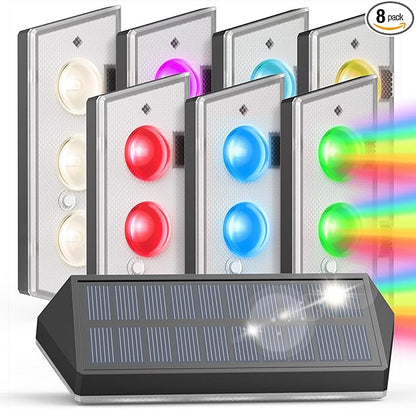 Solar Fence Lights Outdoor for Christmas Decorations, LED Deck Light Solar Powered for Outside Yard/Railing/Pathway/Patio/Step, IP65 Waterproof, 3 Lamp Beads, 8 RGB Colors, Auto ON/Off (8Pack)