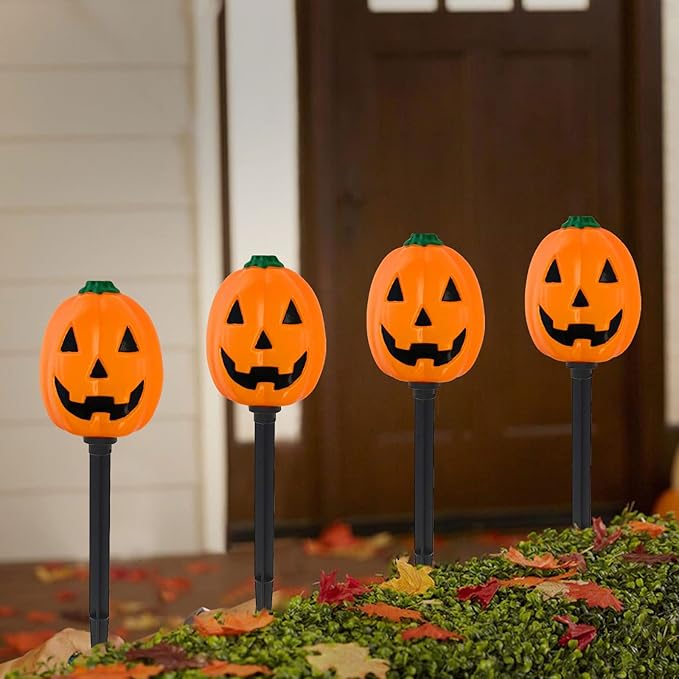 Set of 4 Halloween Pathway Markers Lights, 14.2 Inch High Battery Operated Plastic Jack-O-Lantern Shaped Pumpkin Lawn Garden Stakes Clear Lights for Trick or Treat Party Outdoor Halloween Decor