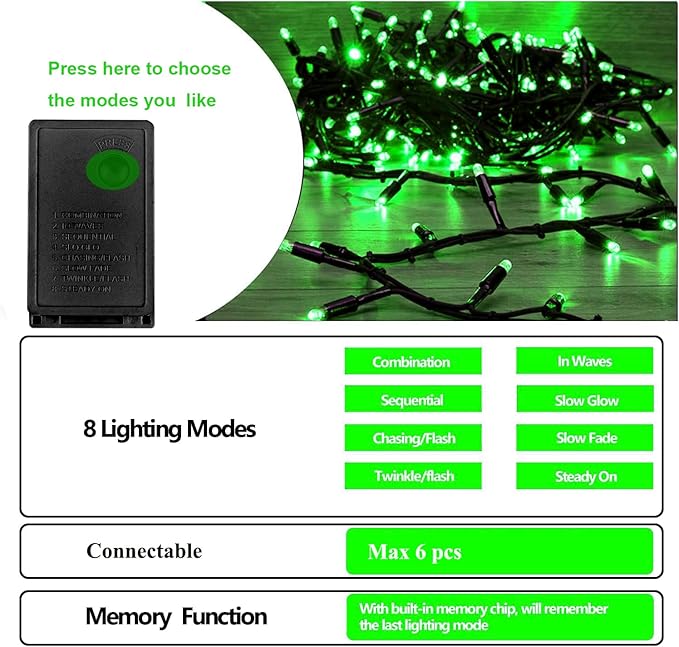 Christmas Decorations Outdoor 33ft 100LED Green String Lights, 8 Lighting Modes, Waterproof Fairy Lights for Christmas Party, Patio, Yard, Christmas Connectable up to 6 Sets（Black Wire-Green）.