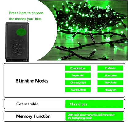 Christmas Decorations Outdoor 33ft 100LED Green String Lights, 8 Lighting Modes, Waterproof Fairy Lights for Christmas Party, Patio, Yard, Christmas Connectable up to 6 Sets（Black Wire-Green）.