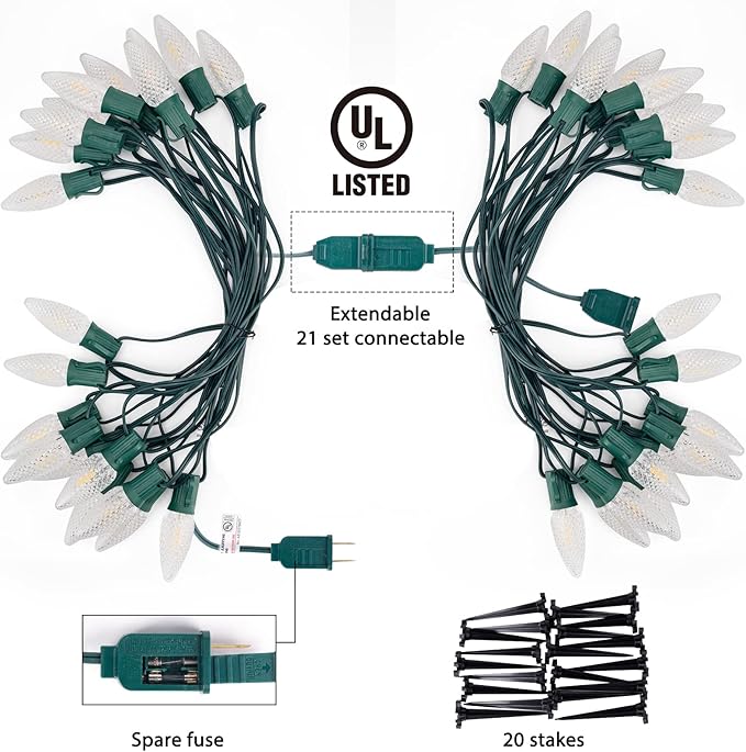 Brightown Strawberry C9 Christmas Pathway String Lights, 25.7 Feet C9 Walkway Lights with 20 Clear Bulbs and Stakes, Connectable Christmas Lights Outdoor Decoration for Outside Lawn, Warm White
