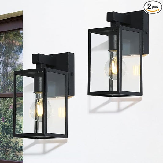 LALUZ Black Outdoor Wall Lights 2 Pack, 9.3'' Modern Farmhouse Rectangle Porch Lights Outdoor Wall with Clear Glass Set of 2, Waterproof Anti-Rust Exterior Outside Wall Sconces Lighting Light Fixtures