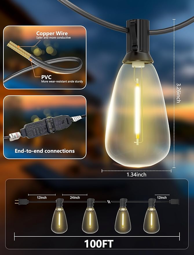 Outdoor String Lights 100FT Patio Lights with 50 Shatterproof, String Lights Outdoor Waterproof with ST35 LED Vintage Edison Bulbs, Hanging Light for Outside Backyard Garden