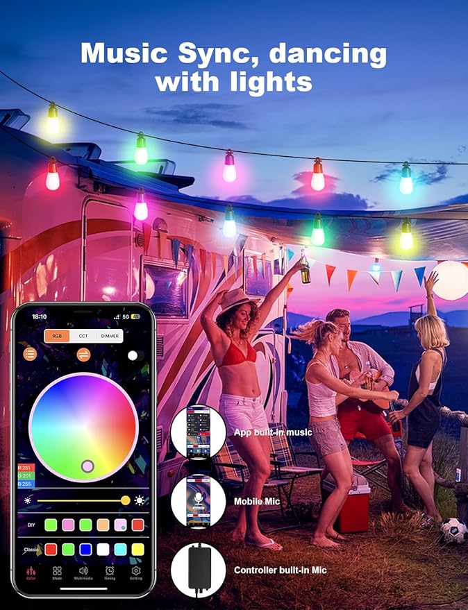 Outdoor String Lights APP Control with Remote, 118(98+12) ft RGB+IC+Warm White Outdoor Light 36 LED Bulbs, NOT Extendable, Music Sync for Garden Party Decor Christmas