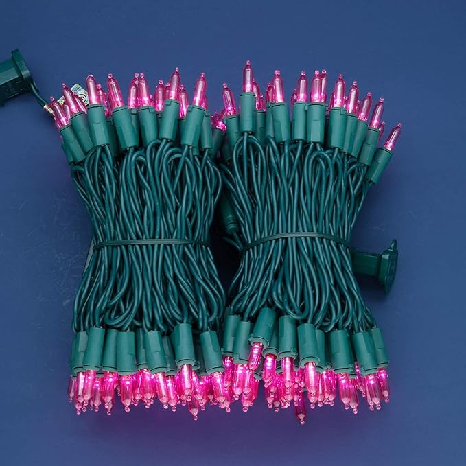 200 Count Pink LED Christmas Lights, 66 ft Green Wire UL Certified Commercial Grade Holiday String Light Set (Pink)