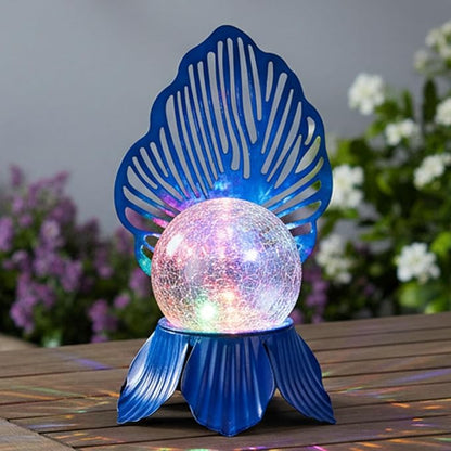 Solar Lights Outdoor Flower Garden Decor with Crackle Glass Globe Lights, Metal Flowers for Outside Yard Lawn Patio Porch Pathway Tabletop, Housewarming Gifts for Mom Women