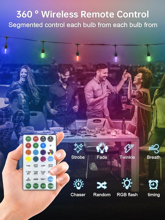 Commercial Grade 50FT LED Outdoor String Lights with Remote Control - 15 Shatterproof Bulbs Waterproof Color Changing Christmas Lights, Dimmable for Patio, Garden, Wedding Decor