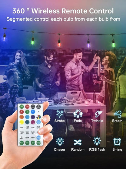 Commercial Grade 96FT LED Outdoor String Lights with Remote Control - 30 Shatterproof Bulbs Waterproof Color Changing Christmas Lights, Dimmable for Patio, Garden, Wedding Decor