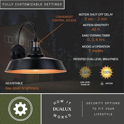 VAXCEL Dorado Outdoor Steel Wall Light with Motion Sensor, 15" W x 13.25" H Rustic Farmhouse Gooseneck Wall Sconce for Porch, Patio, Deck, or Front Door, Bronze