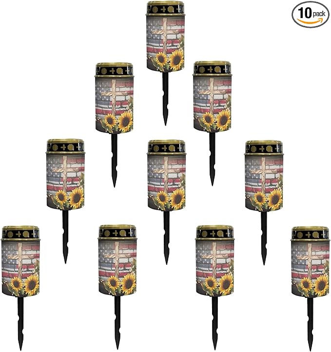US Flag-Cross-Sunflower Solar Garden Lights Outdoor LED Lantern Pathway Stake Lights Solar Waterproof Solar-Powered Fairy Lights for Outside Landscape Lighting,Wall Light Auto On/Off