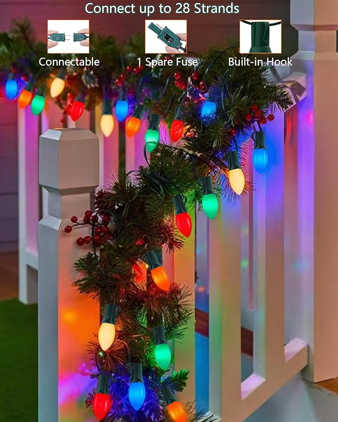 Christmas Lights Outdoor 25Ft C9 LED Vintage Christmas Lights with 27 LED Multicolor Ceramic Glass Bulbs(2 Spare), Connectable Plug in Xmas Light for Indoor Outside Home Patio Tree Holidays Decor