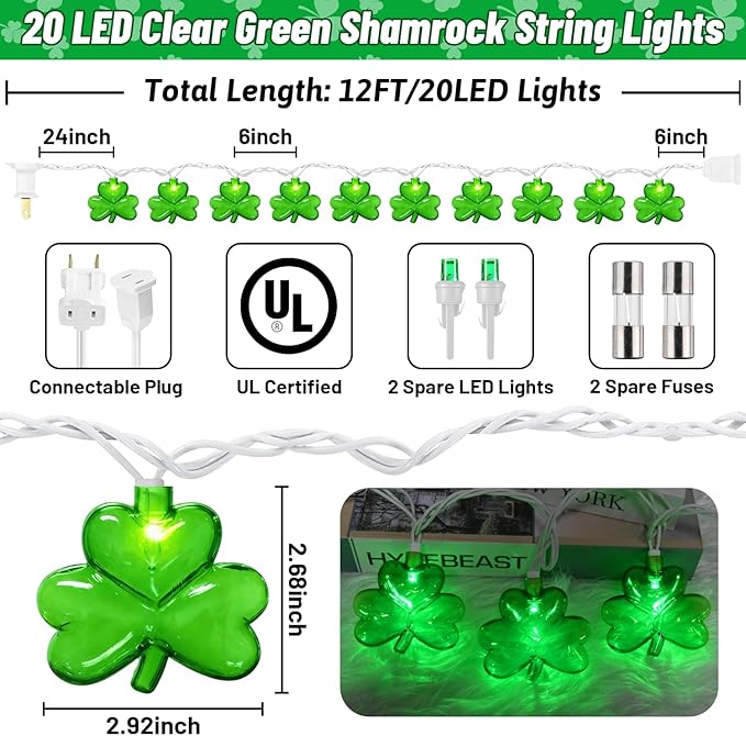 20 LED Clear Green Shamrock String Lights, 12FT St Patricks Day Lights String Outdoor Waterproof with 20 LED Light | Lumora