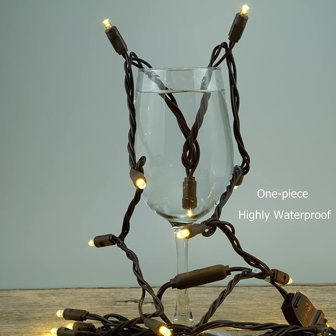 YULETIME Warm White One-Piece Wide Angle Christmas Lights 140 Count 48 Feet, 2 Sets 70 LED 24 ft High Waterproof 5mm UL Certified String Light (Warm White - Brown Wire)