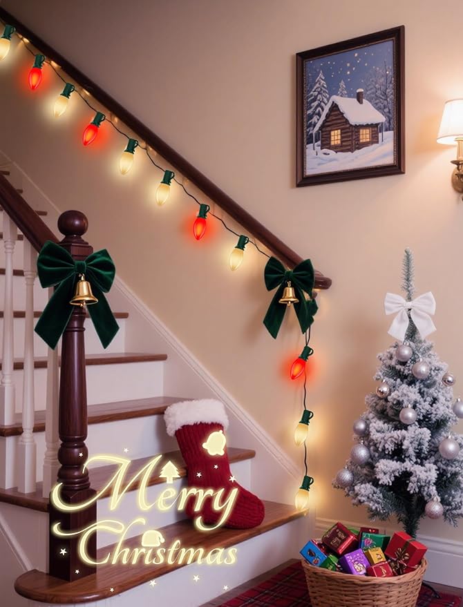 25Ft C9 LED Christmas Lights Red and Warm White, Vintage Christmas String Lights with 27 LED Red and White Bulbs, Extendable Plug in String Lights for Tree Patio Wedding Xmas Decor