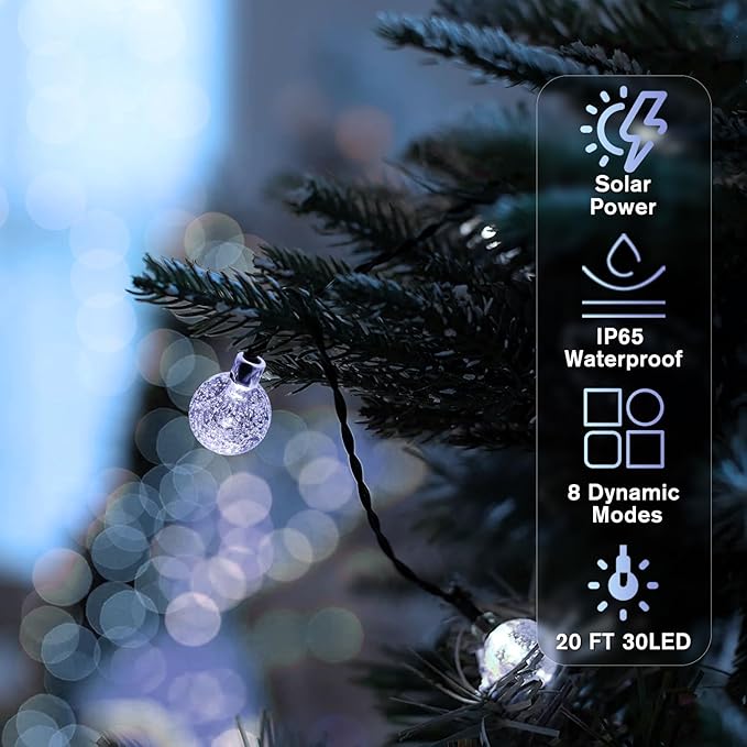 Metaku Solar String Lights for Outside, 20FT 30 LED Crystal Globe String Lights, Solar Powered Outdoor Light with 8 | Lumora