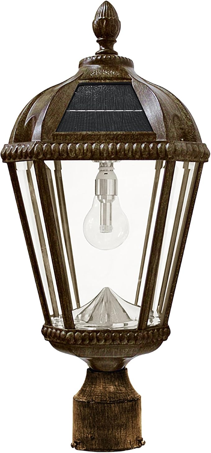 Gama Sonic Outdoor Solar Lamp Post Light, Weathered Bronze Finish Aluminum, Royal Bulb, Beveled Glass, 3-inch | Lumora