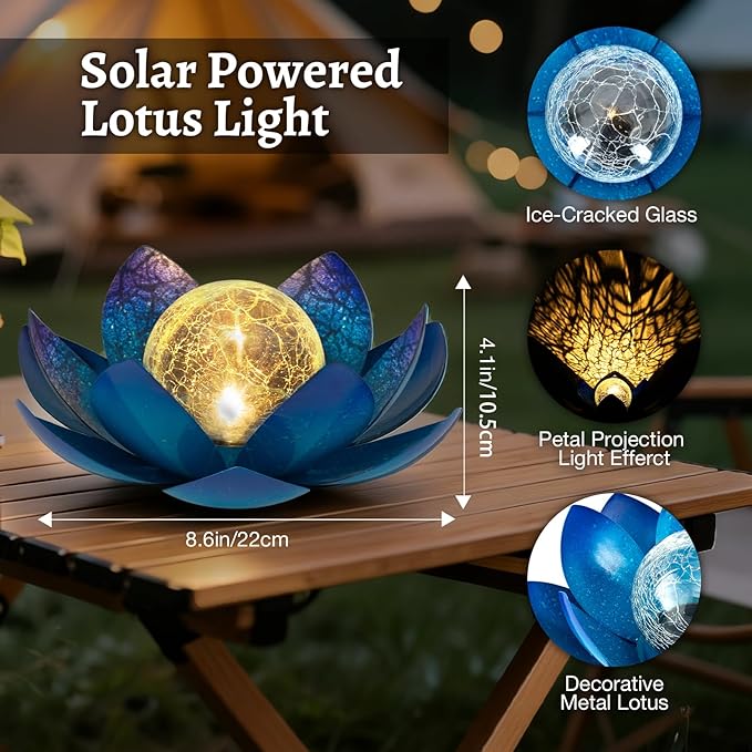 Huaxu Solar Lights Outdoor Garden Decoration Crackle Globe Glass Waterproof LED Metal Blue Lotus Flowers Gift for | Lumora