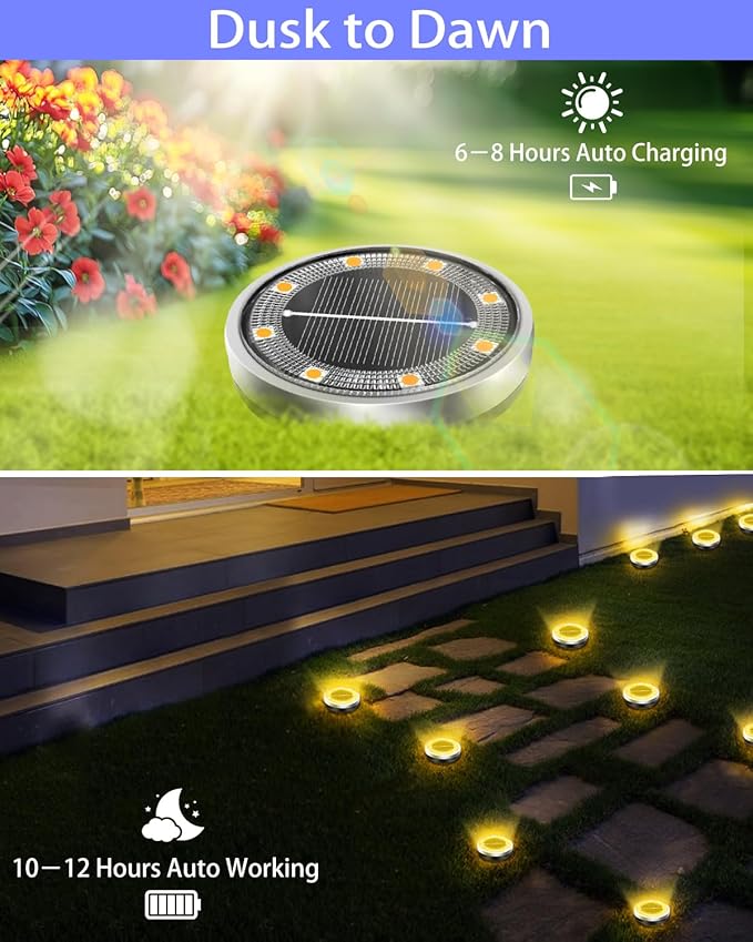 Solar Lights Outdoor Waterproof, 2 Pack 8 LED, Thickened Stainless Steel Ground Light, Solar Garden Lights | Lumora