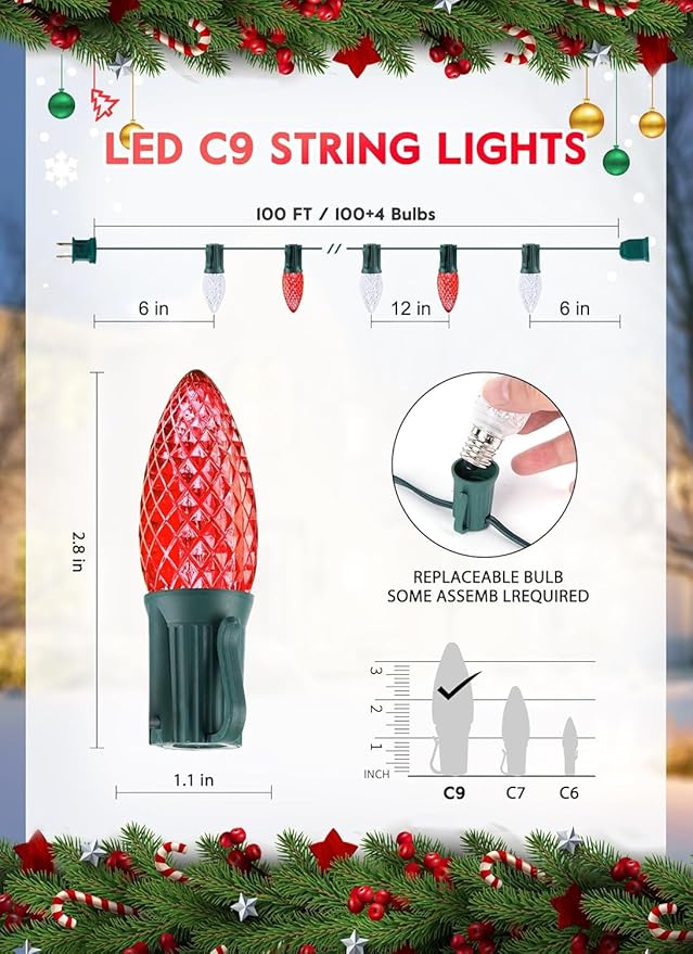 100 Feet Commercia Led Outdoor Christmas Lights, Waterproof C9 Christmas String Lights with 100 C9 Strawberry Bulbs | Lumora