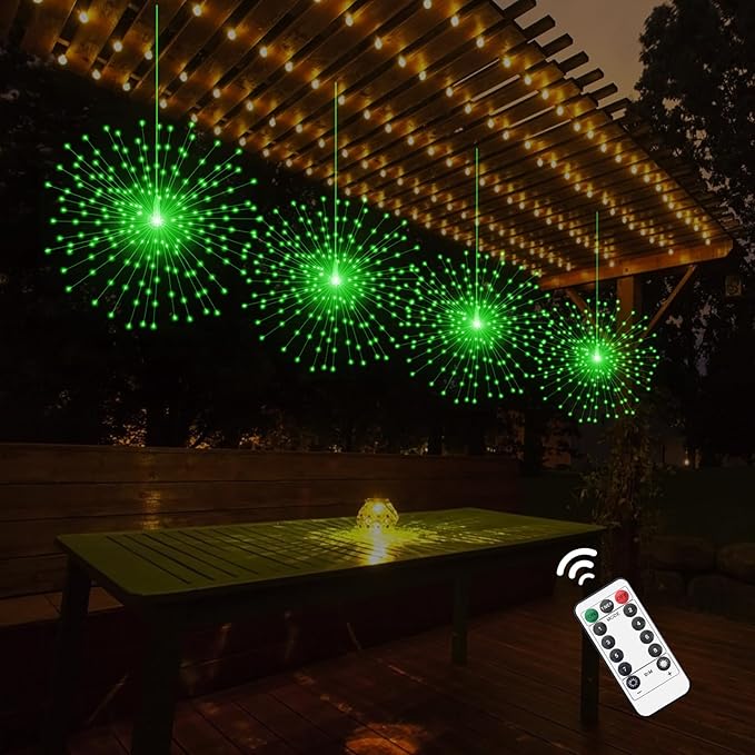 2 Pack Starburst Sphere Lights,200 LLED Firework Lights, 8 Modes Dimmable Remote Control Waterproof Hanging Fairy Light, Copper Wire Light for Patio Parties Christmas (Green)