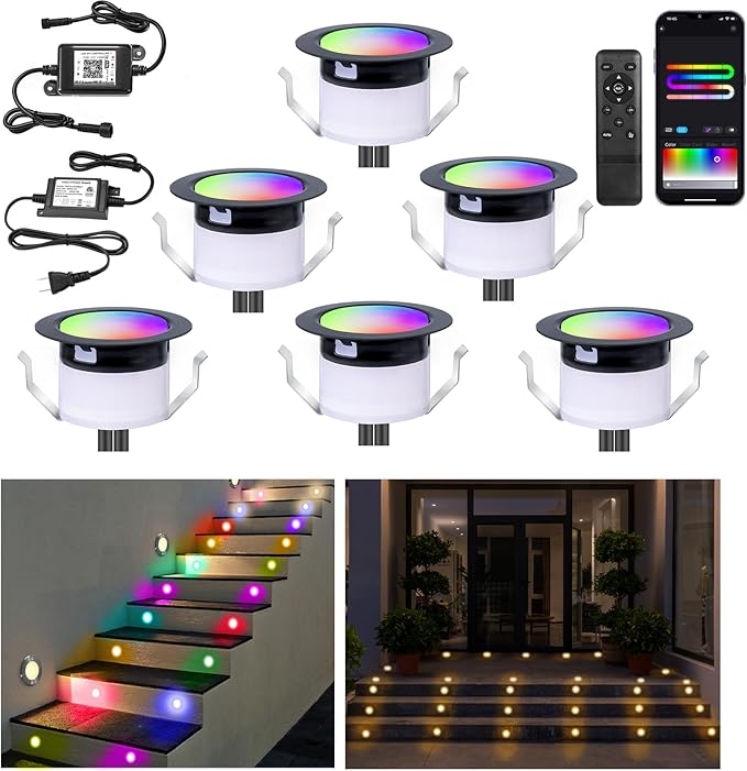 FVTLED LED Deck Lights Kit, Φ1.22 Low Voltage WiFi Pixel RGBW+IC Multi-Color Dynamic Deck Lighting with Remote Control, IP67 Waterproof Outdoor Step Lights DC12V for Garden,Steps,Stair(6 Pack, Black)
