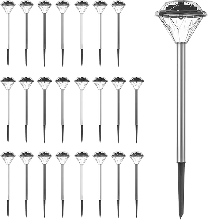 24-Pack LED Solar Outdoor Waterproof Garden Lights - Cold White Solar Pathway - Yard, Driveway, or Landscape Lighting by Pure Garden (Silver)