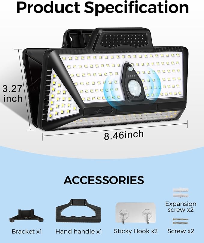 Large Clip on Solar Lights Outdoor, 208 LEDs 1000Lum Bright Solar Security Light with Motion Sensor, 3 Ways -Mount | Lumora